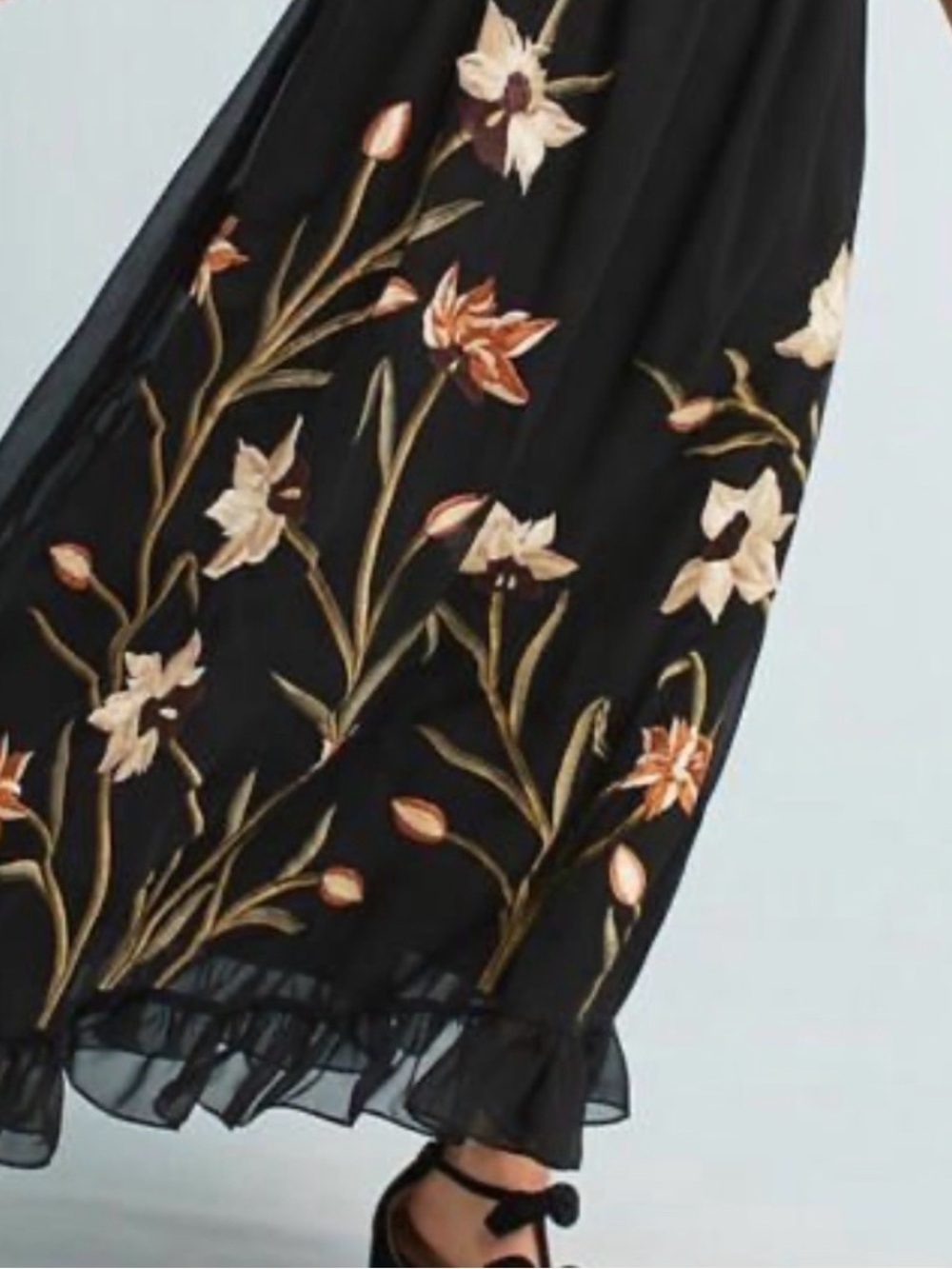 Varun Bahl Anthropologie Black Floral Embroidered Chiffon Maxi Skirt